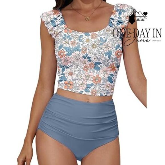 Eomenie Floral High Waist Ruffle Shoulder Tankini Swimsuit Size XL - Picture 1 of 6
